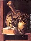 Book Paintings - Still Life with Book and Purse by Gerrit Dou